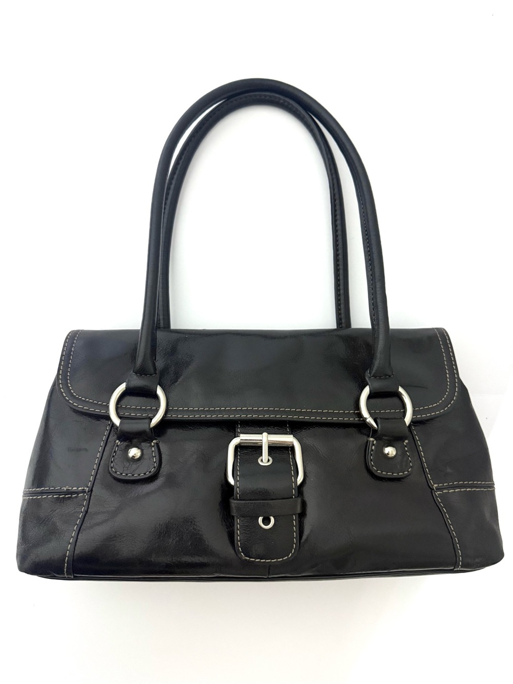 GIANI BERNINI Black Leather East West Satchel Shoulder Bag Y2K Buckle Coach Dupe